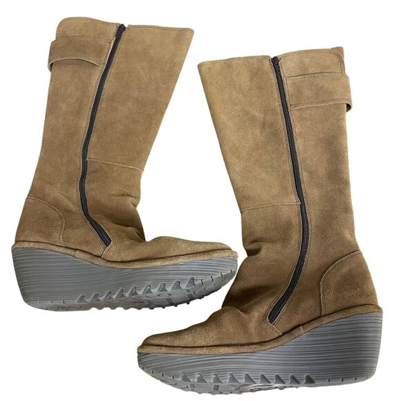 Fly London Yulo Suede Leather Platform Knee Boots Sz 39 (EU) Brown Tan Tall - Picture 2 of 11